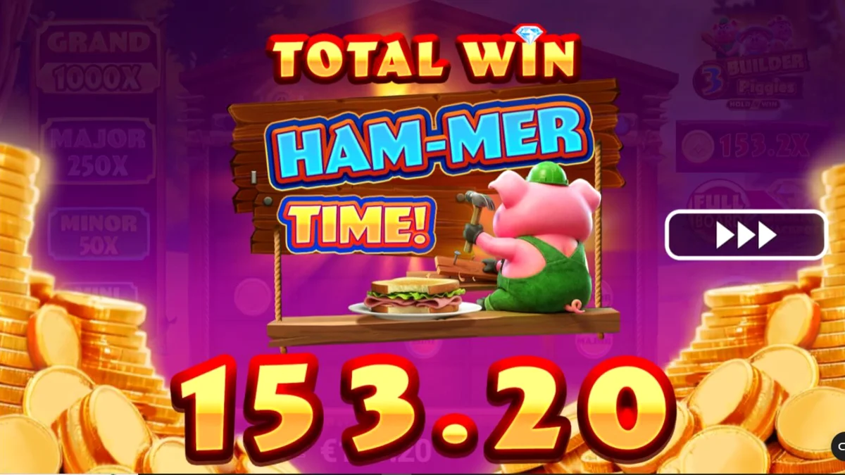 Tampilan layar permainan slot 3 Builder Piggies di perangkat seluler
