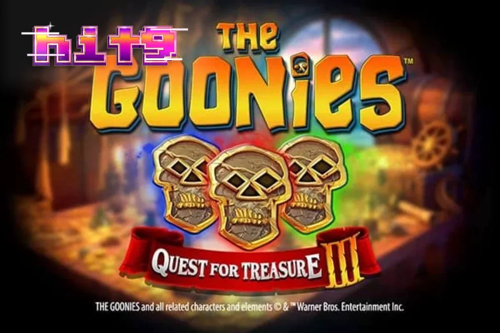 The Goonies Quest for Treasure 3 slot game interface featuring iconic movie characters and pirate treasure theme.